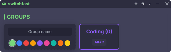 Define your workflows - switchfast group configuration interface showing how to set up Work, Gaming, and Weekend app groups